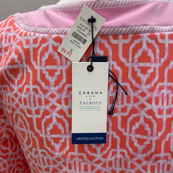 Cabana Life/Talbots Embroidered Tunic Dress Contrast Neckline Coral Lattice S - Picture 10 of 14